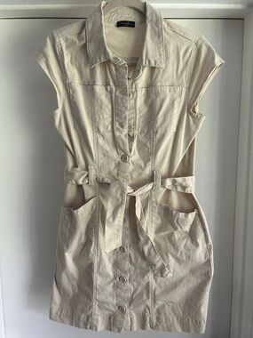 Cream Button-Front Utility Dress with Waist Tie